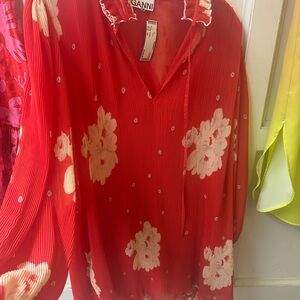 Ganni Scarlet Dress with Floral Accents